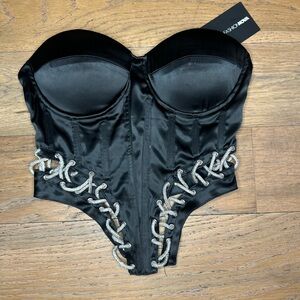 NEW Fashion Nova Black Lace-Up Corset Top XS Rhinestone Y2K Bustier Lingerie